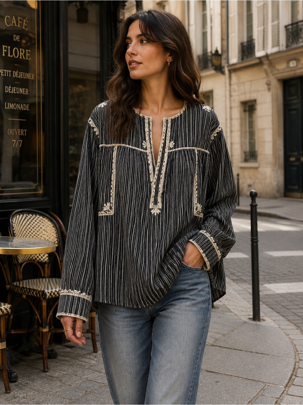 Isabel Marant Étoile Size 38 Striped Embroidered Boho Cotton Blouse Parisian